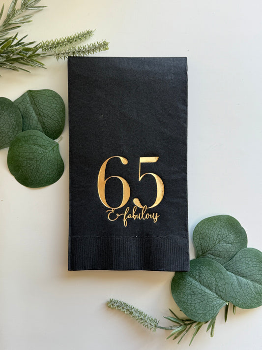65th Birthday Napkins - 65 & Fabulous Gold Foil on Black - Set of 16 Dinner Napkins
