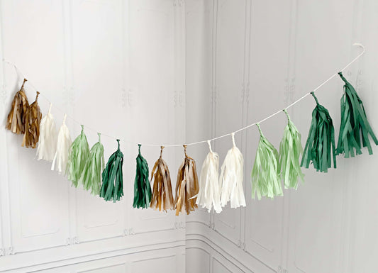 This handmade sage tassel garland in sage green, forest green, cream and gold compliments so many party themes. Use it for a safari baby shower, a botanical bridal shower, a woodland mushroom baby shower
