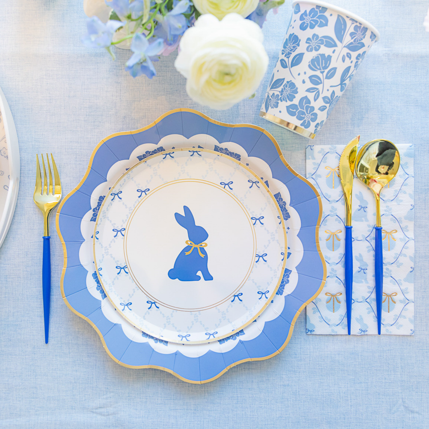 Bunny Party Plates: Blue and Gold Dessert Plates