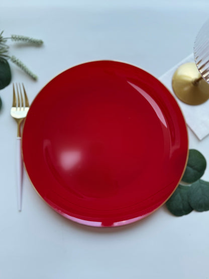 Elevate your dessert presentation with our Red dessert plates featuring a luxurious gold edge. Perfect for adding a touch of sophistication to any special occasion, these plastic plates are ideal for Christmas gatherings, wedding receptions, That's Amore bridal showers, and baby showers. With a set of 10 plates included, they are perfect for serving guests at a variety of events. Perfect for a Dolce Vita That's Amore Italian Theme.