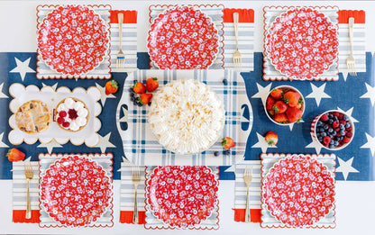Blue Striped Scallop Dinner Napkin with Red Fringe