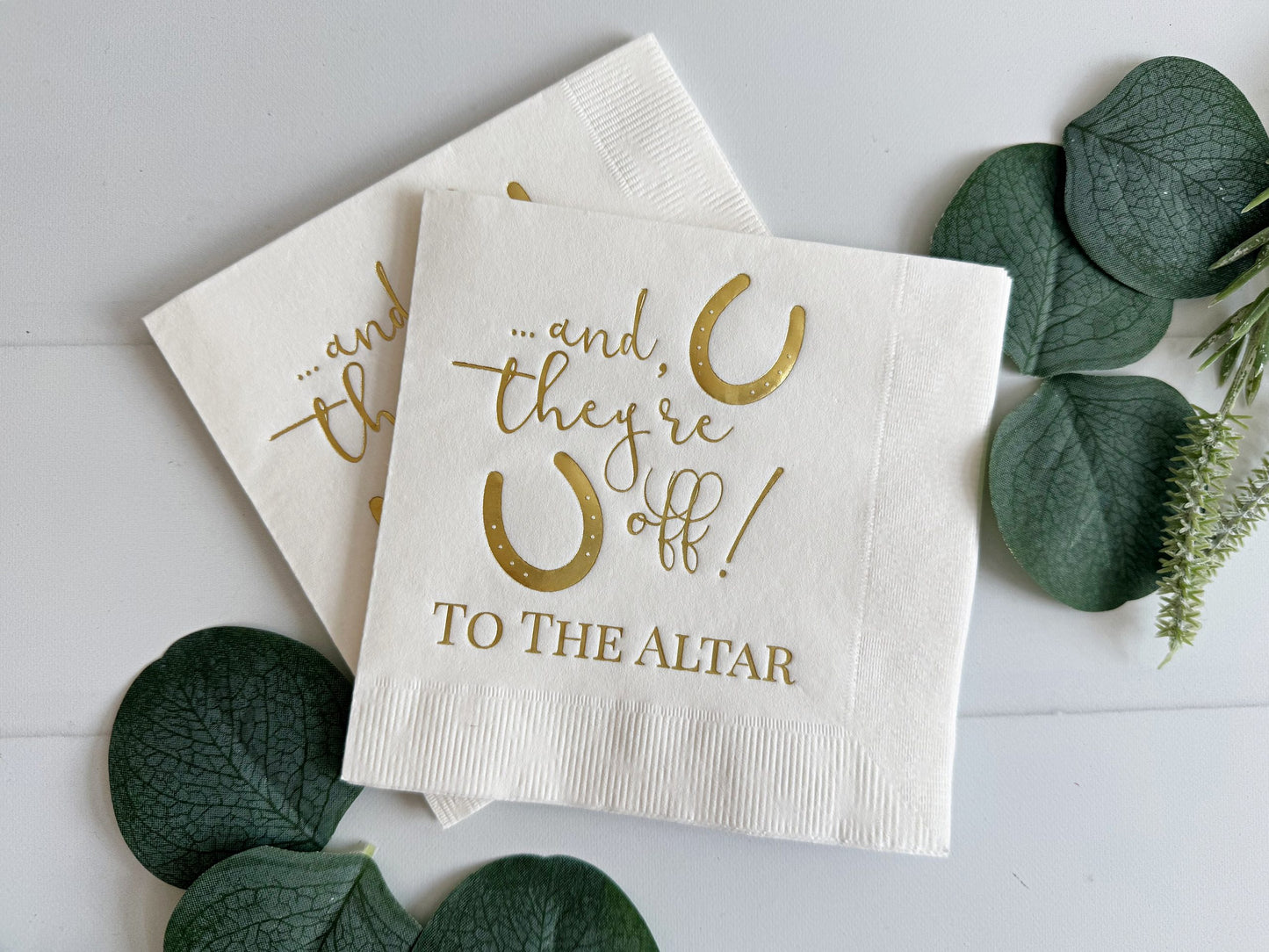 And They're Off to the Altar Derby Cocktail Napkins - White and Gold
