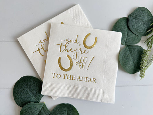 And They're Off to the Altar Derby Cocktail Napkins - White and Gold
