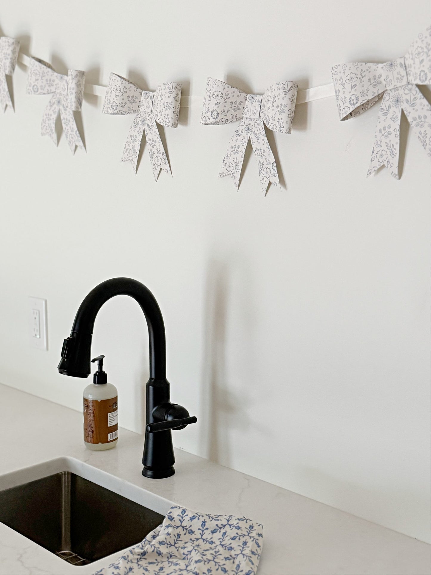 French Blue Floral Bow Garland - 7ft Paper Banner for Baby Showers & Tea Parties