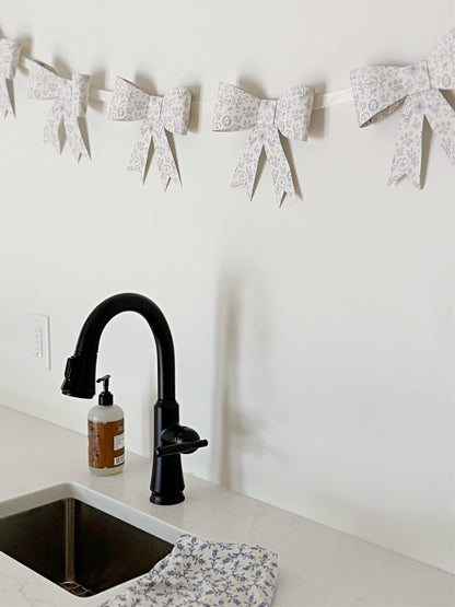 French Blue Floral Bow Garland - 7ft Paper Banner for Baby Showers & Tea Parties