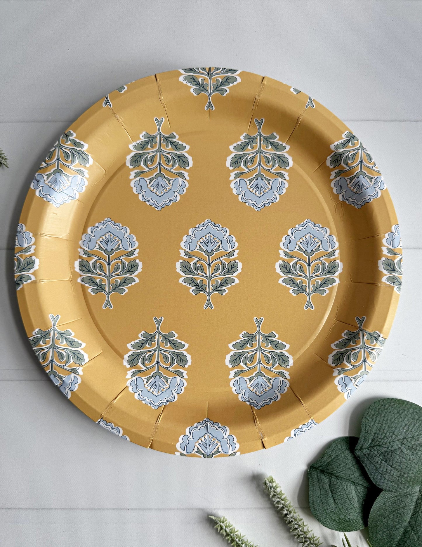 Elevate your table with these amber, sage, and ice blue block print dinner plates – an EnFete exclusive design you won’t find anywhere else. Inspired by timeless block print patterns and modern entertaining trends, these 9-inch paper dinner plates bring a touch of artisanal charm to your boho bridal shower, sophisticated baby shower, fall harvest dinner, holiday gatherings, or summer garden party.