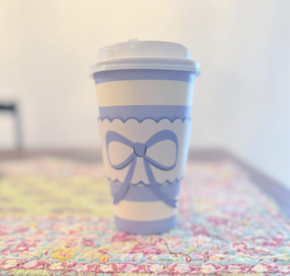 Blue Bow and Scallop Ribbon Paper Coffee Cups, Lids and Tops