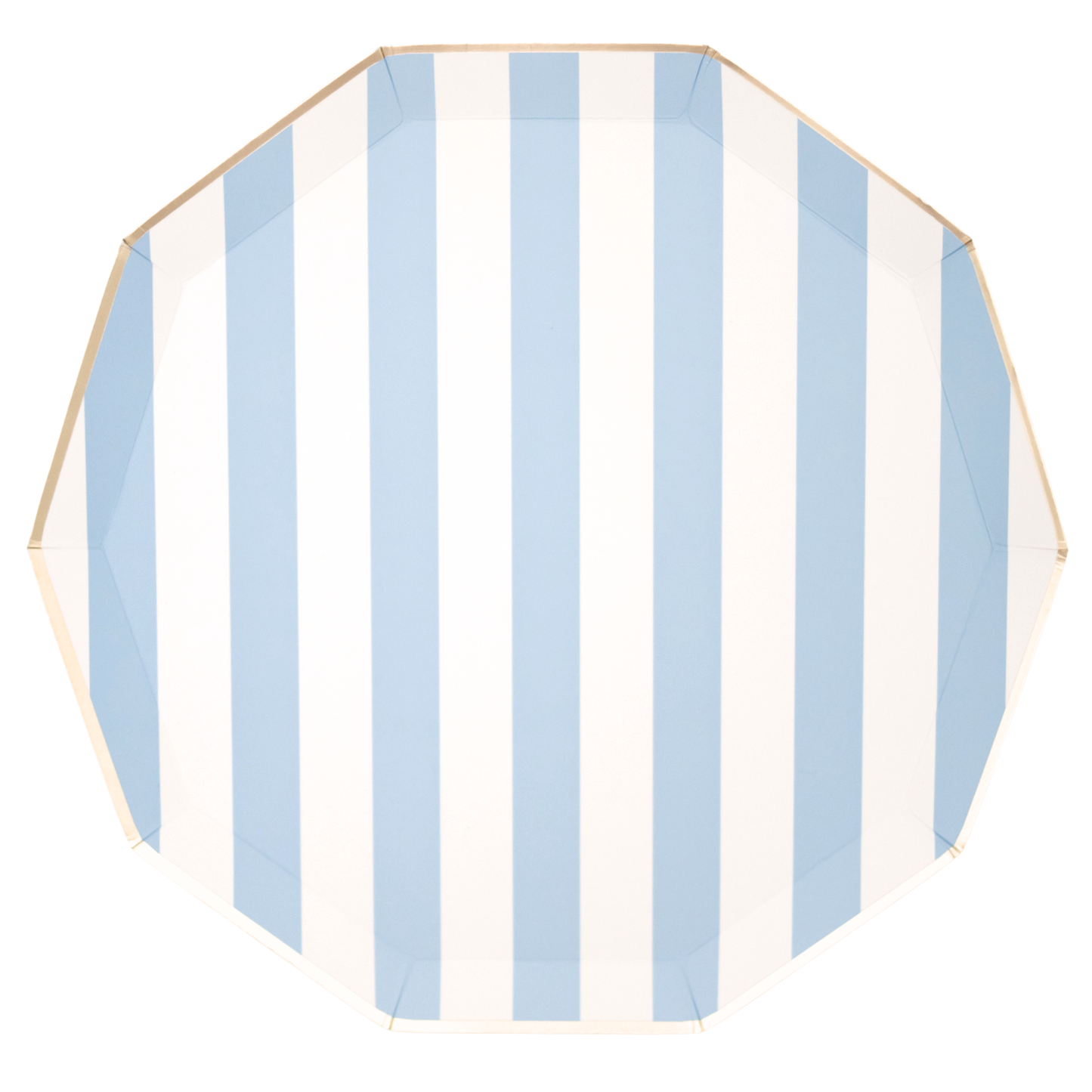 Hexagonal paper party plate with blue and white vertical stripes on a white background