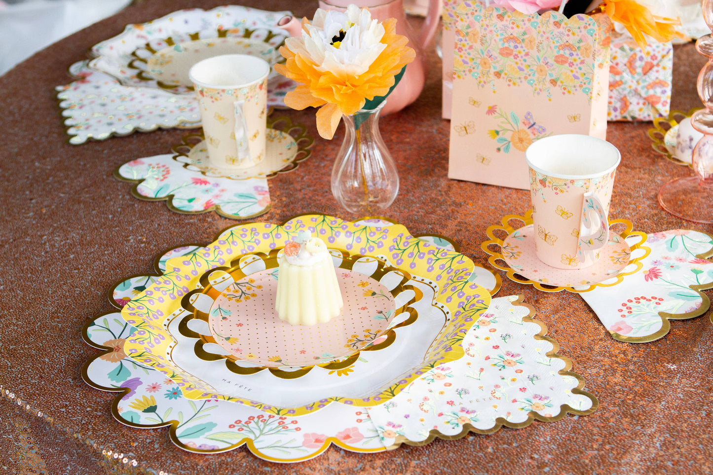 Peach Floral Gift Bags 8 Pack - Tea Party Favor Bags for Bridal Showers & Weddings