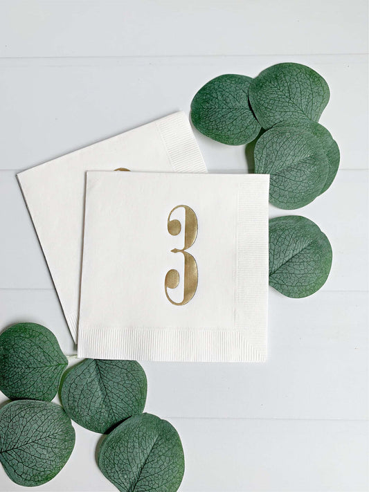 Gold on white 3 cocktail napkins for a fabulous 3rd birthday party. Elegant and affordable.