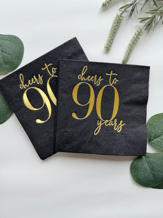 Cheers to 90 Years Cocktail - Gold Foil on Black Drink Sized Napkins