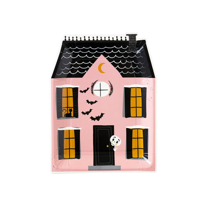 Pink Haunted House Shaped Paper Plate