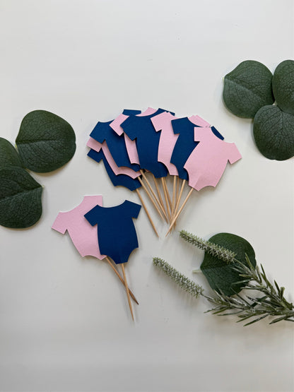 Gender Reveal Baby Bodysuit Onesie Cupcake Toppers - Navy Blue & Blush Pink - Set of 12