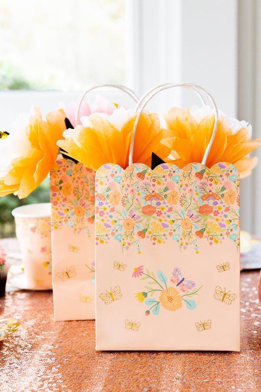 Peach Floral Gift Bags 8 Pack - Tea Party Favor Bags for Bridal Showers & Weddings