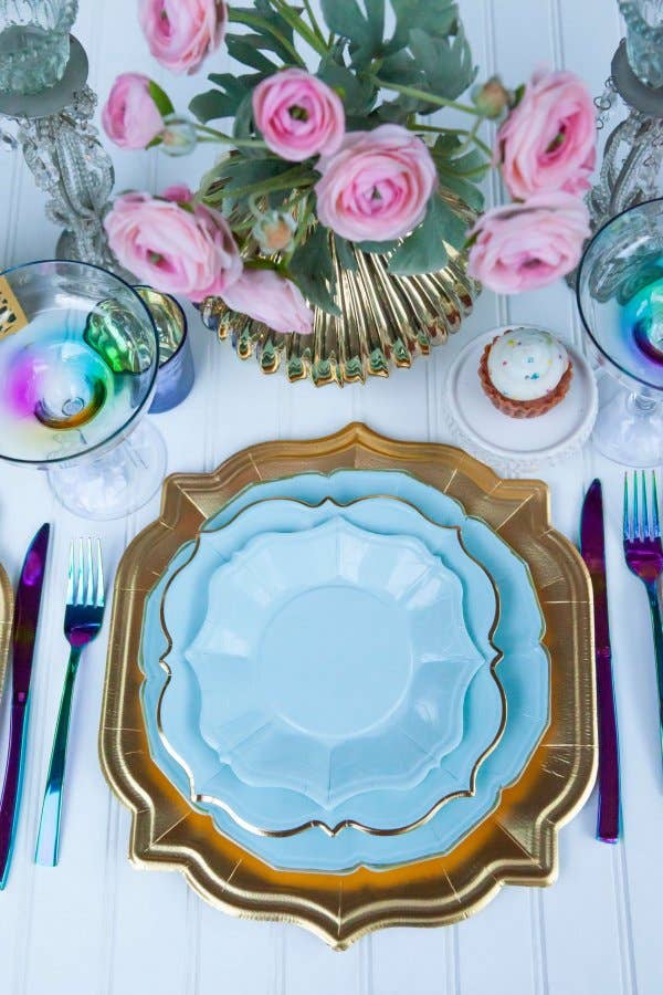 Light Blue Dinner Plates with Gold Edge