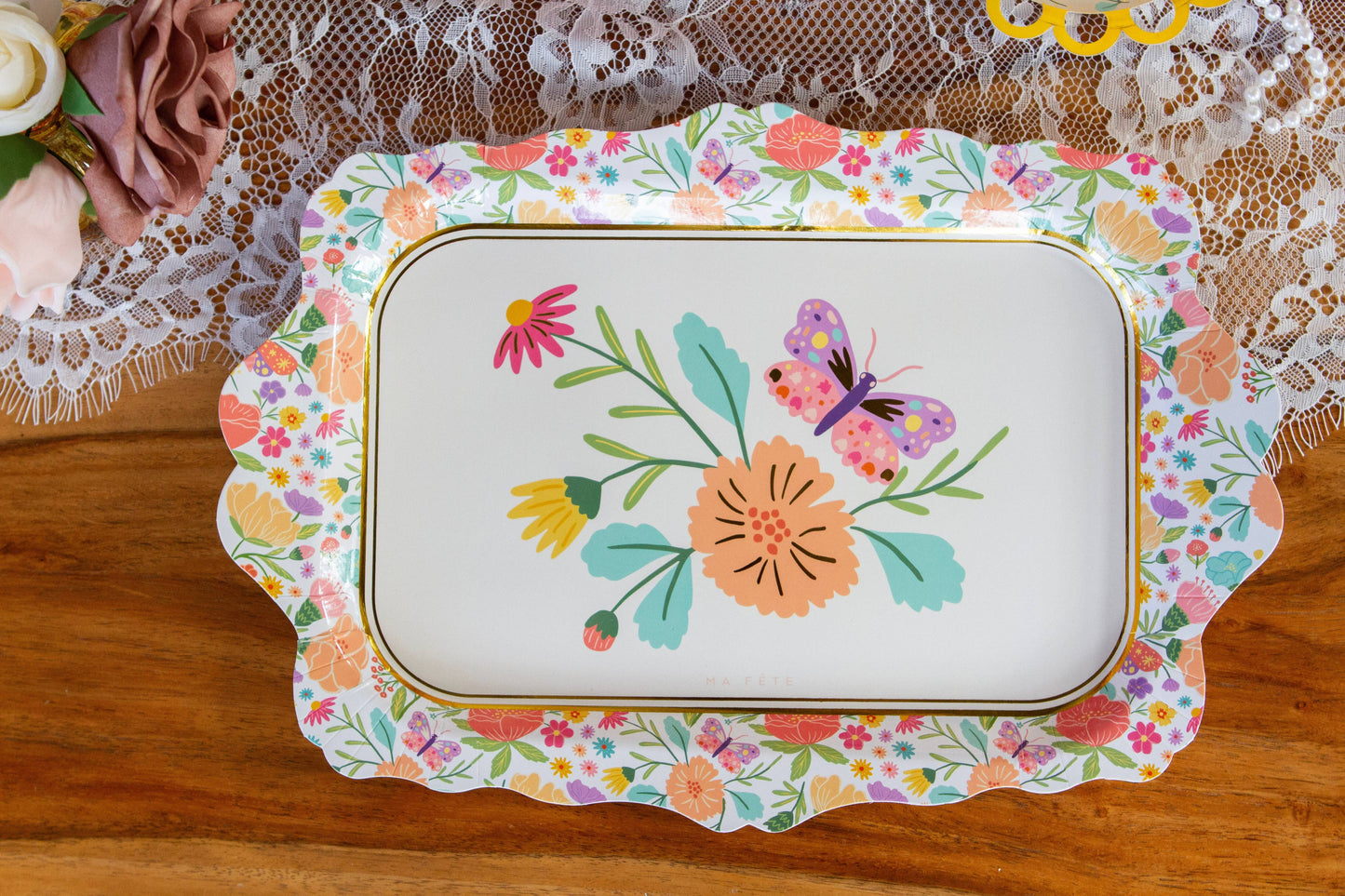 Floral Butterfly Paper Serving Trays 4 Pack - Tea Party Bridal Shower Decorations