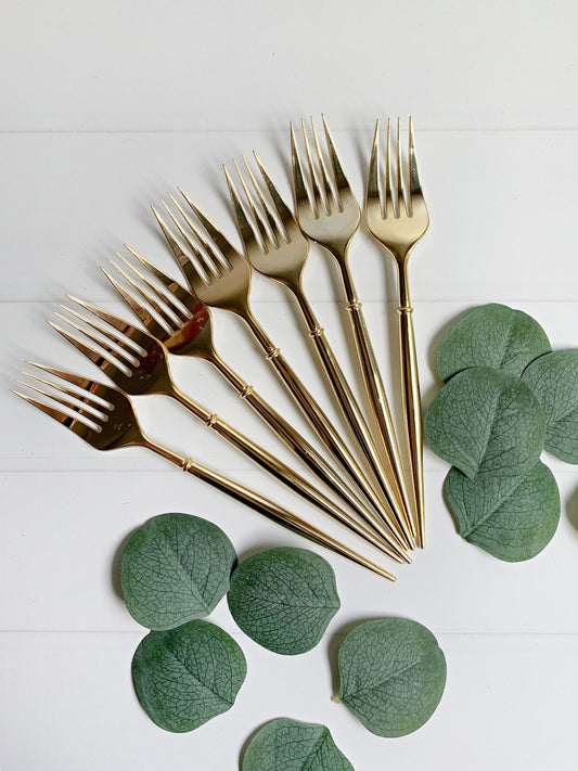 Gold Plastic Forks - Premium Heavy Duty Disposable Cutlery Set of 24 | Modern Metallic Finish