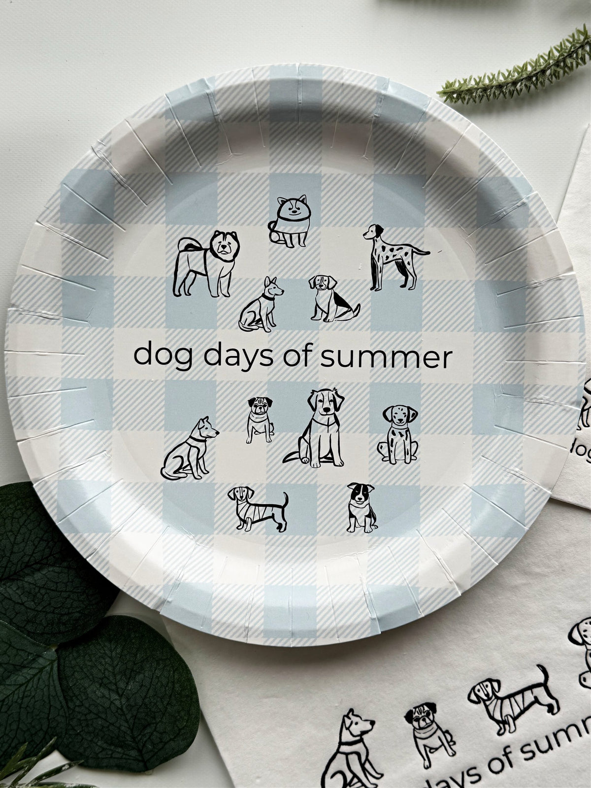 
    Dog Days of Summer Cake Plates - Blue Gingham Puppy Party Plates, Set of 8, the designer-recommended anchor napkin for the Dog Days of Summer collection
  