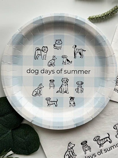 Introducing the charming "Dog Days of Summer Cake Plate" set, featuring a delightful design of playful pen illustration dogs frolicking on a cool ice blue gingham background. This set includes 8 paper cake plates, each measuring 7 inches in size, making them ideal for serving up slices of cake or small bites at your next summer gathering.
