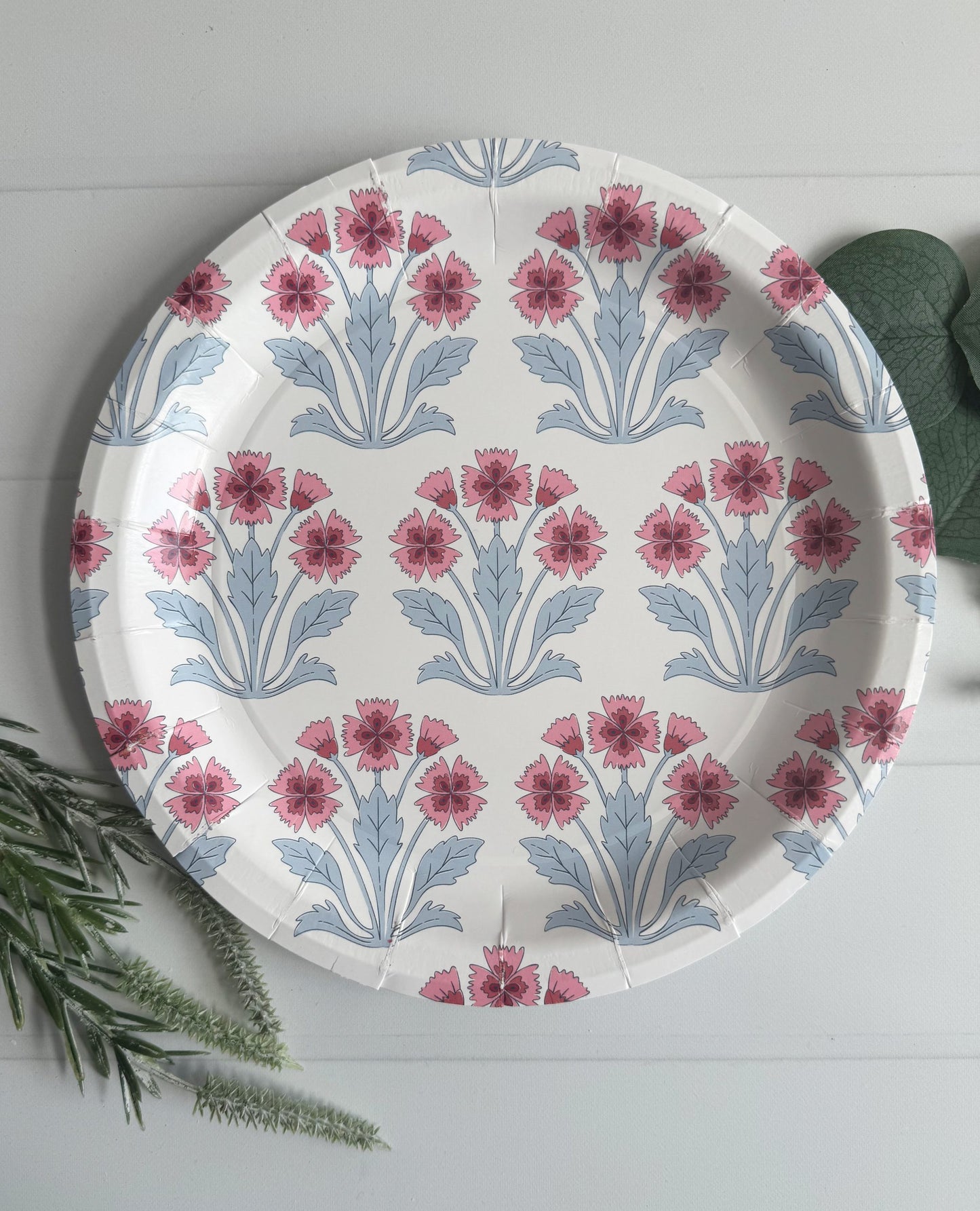 Pink and Blue Floral Block Print on White Dinner Plates