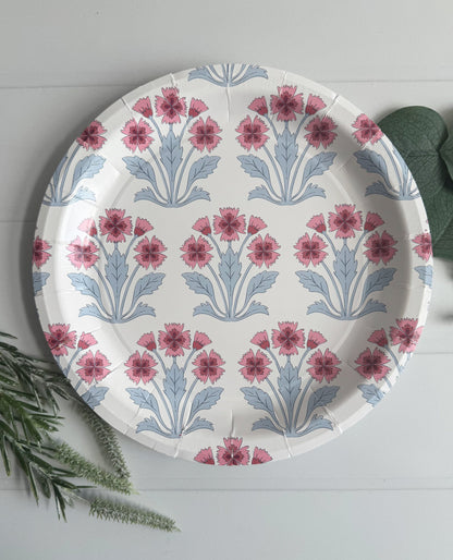 Pink and Blue Floral Block Print on White Dinner Plates