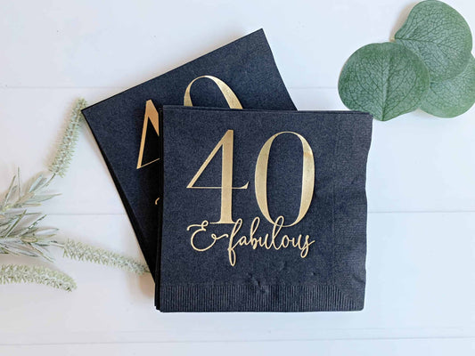 Set of 16 40 & Fabulous black cocktail napkins with gold foil imprint, perfect for a 40th birthday party