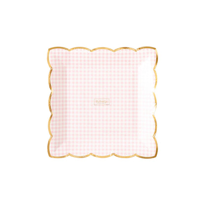Pink Gingham Scalloped Plates - Gold Edges