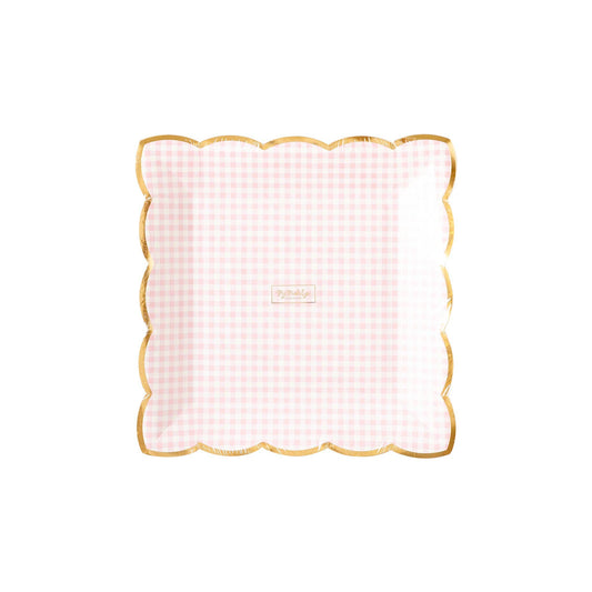 Pink Gingham Scalloped Plates - Gold Edges