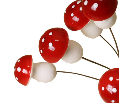Mini Red Mushroom Picks 10 Pack - Spun Cotton Toadstool Decorations for Wreaths & Crafts