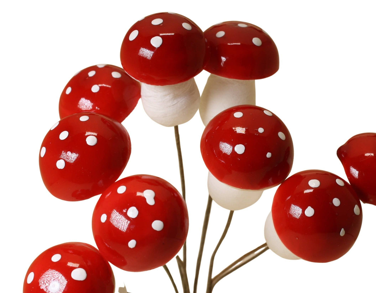 Mini Red Mushroom Picks 10 Pack - Spun Cotton Toadstool Decorations for Wreaths & Crafts