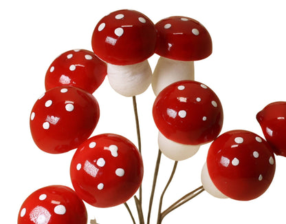 Mini Red Mushroom Picks 10 Pack - Spun Cotton Toadstool Decorations for Wreaths & Crafts
