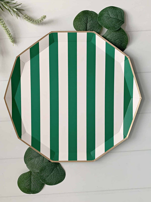Emerald Green Cabana Striped Paper Plates