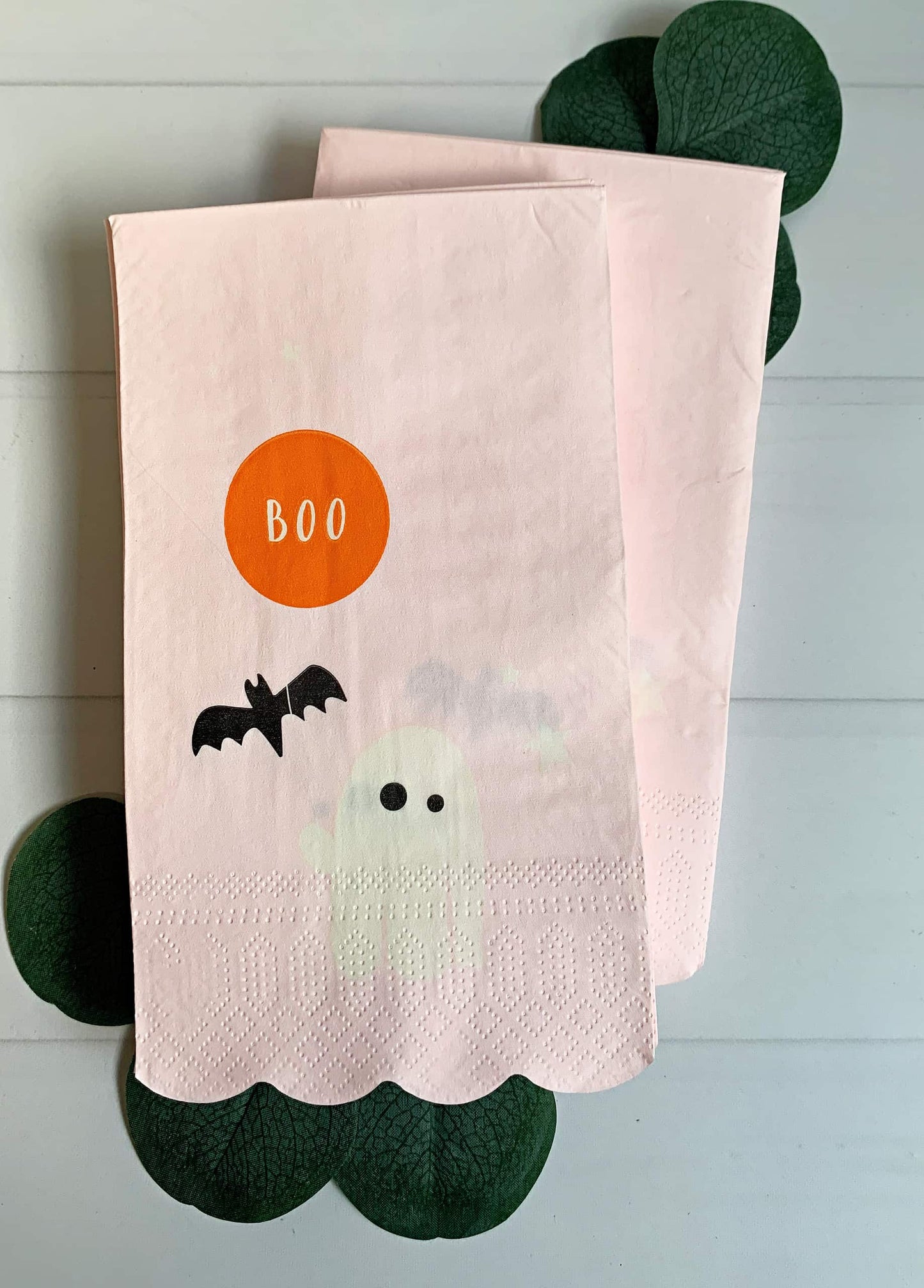 Pink Scalloped Ghost Dinner Napkin with Boo Balloon Motif