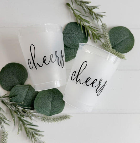 Cheers Cups - 10 oz Frosted  Cups  - Black Writing