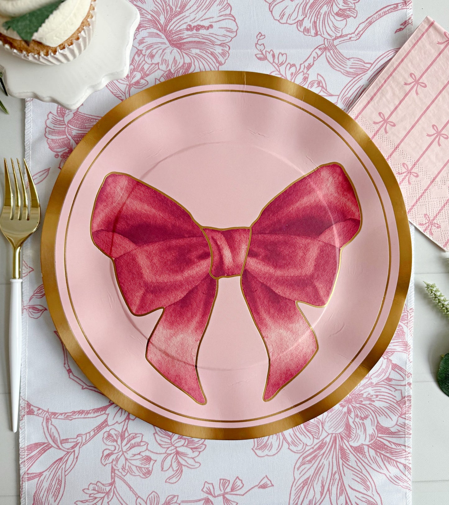 Pink Bow Wavy Dinner Plate with Gold Edge