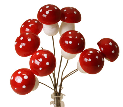 Mini Red Mushroom Picks 10 Pack - Spun Cotton Toadstool Decorations for Wreaths & Crafts