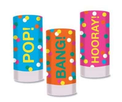 Add some excitement to any celebration with this Pack of 3 Confetti Cannons by Talking Tables. Perfect for New Year's Eve, birthdays, weddings, and more, these mini confetti cannons will fill the air with a burst of rainbow colors.