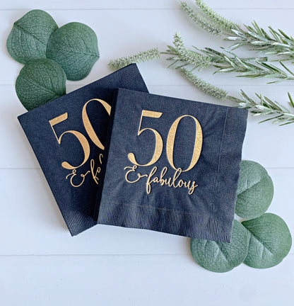 50 and Fabulous Cocktail Napkins - Black with Gold Foil Birthday Napkins