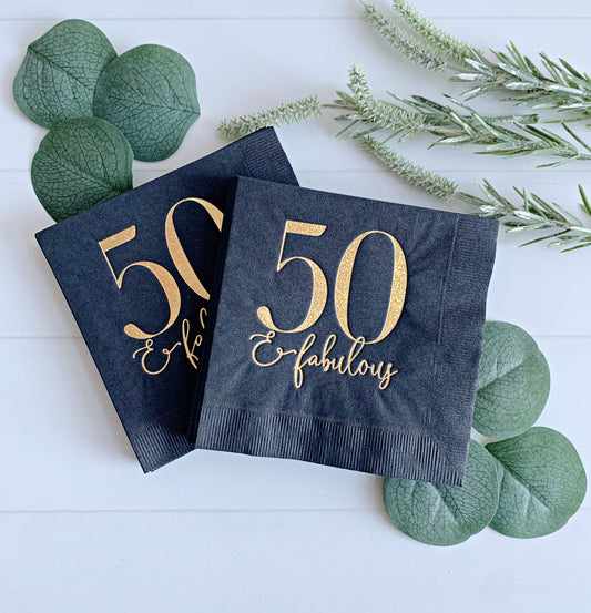 50 and Fabulous Cocktail Napkins - Black with Gold Foil Birthday Napkins