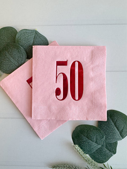 50th Birthday Napkins Pink & Red - Set of 16 Cocktail Napkins for Party