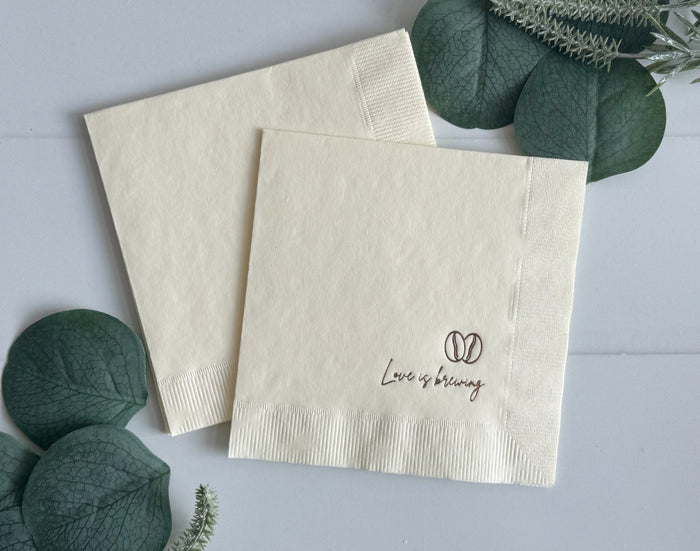 Love is Brewing Cocktail Napkins Bronze & Ivory - Coffee Bar Party Decor | EnFete Party