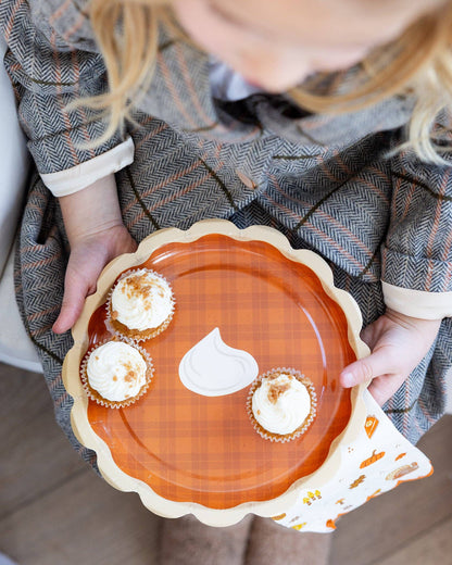 Plaid Pumpkin Pie Shaped Paper Plates - Thanksgiving Dessert Tableware (8 Pack)