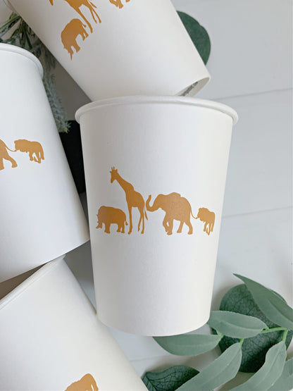 Safari Animals Gold on White Cups - Wild One & Safari Baby Shower Party Supplies (8 Pack)