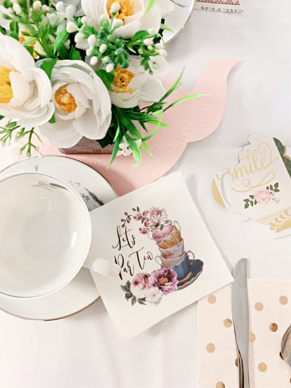 Let's Par-Tea Cocktail Napkins - Vintage Teacup for Alice in Wonderland Tea Party, Bridal Shower & Garden Party (16 Pack)