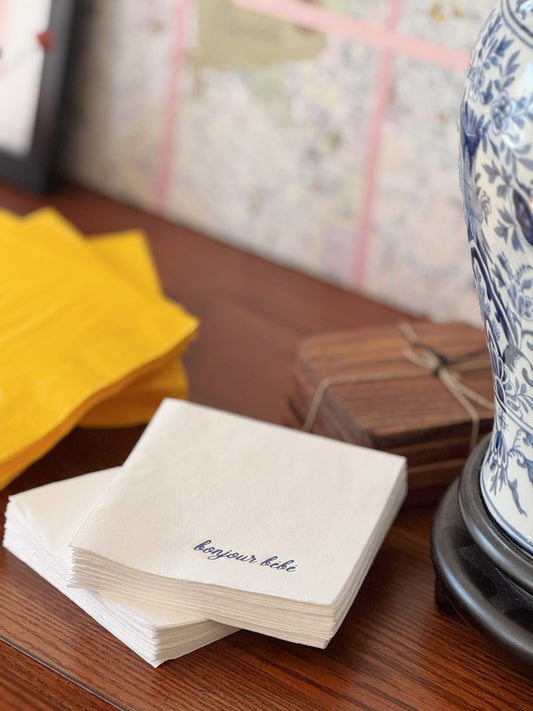 Bonjour Bebe Navy on White Cocktail Napkins