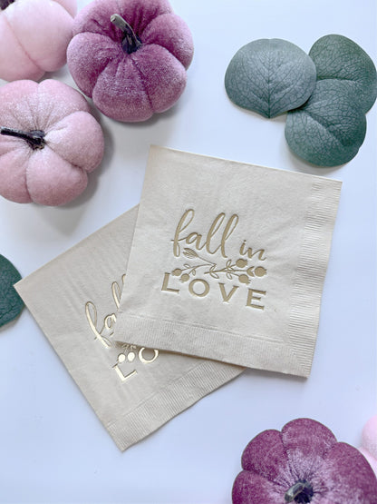 Fall in Love Gold on Tan Cocktail Napkins