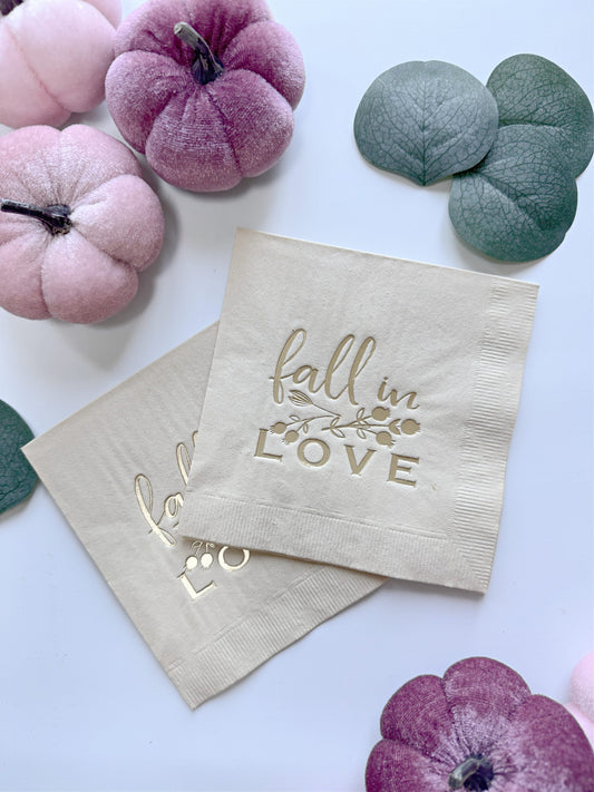 Fall in Love Gold on Tan Cocktail Napkins