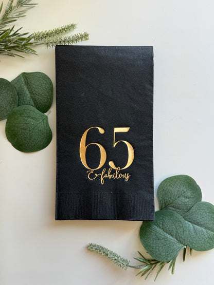 65th Birthday Napkins - 65 & Fabulous Gold Foil on Black - Set of 16 Dinner Napkins