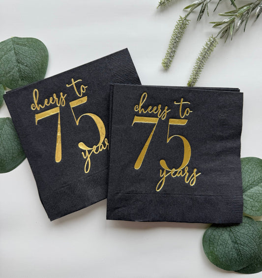 Cheers to 75 Years Cocktail - Gold Foil on Black Drink Sized Napkins