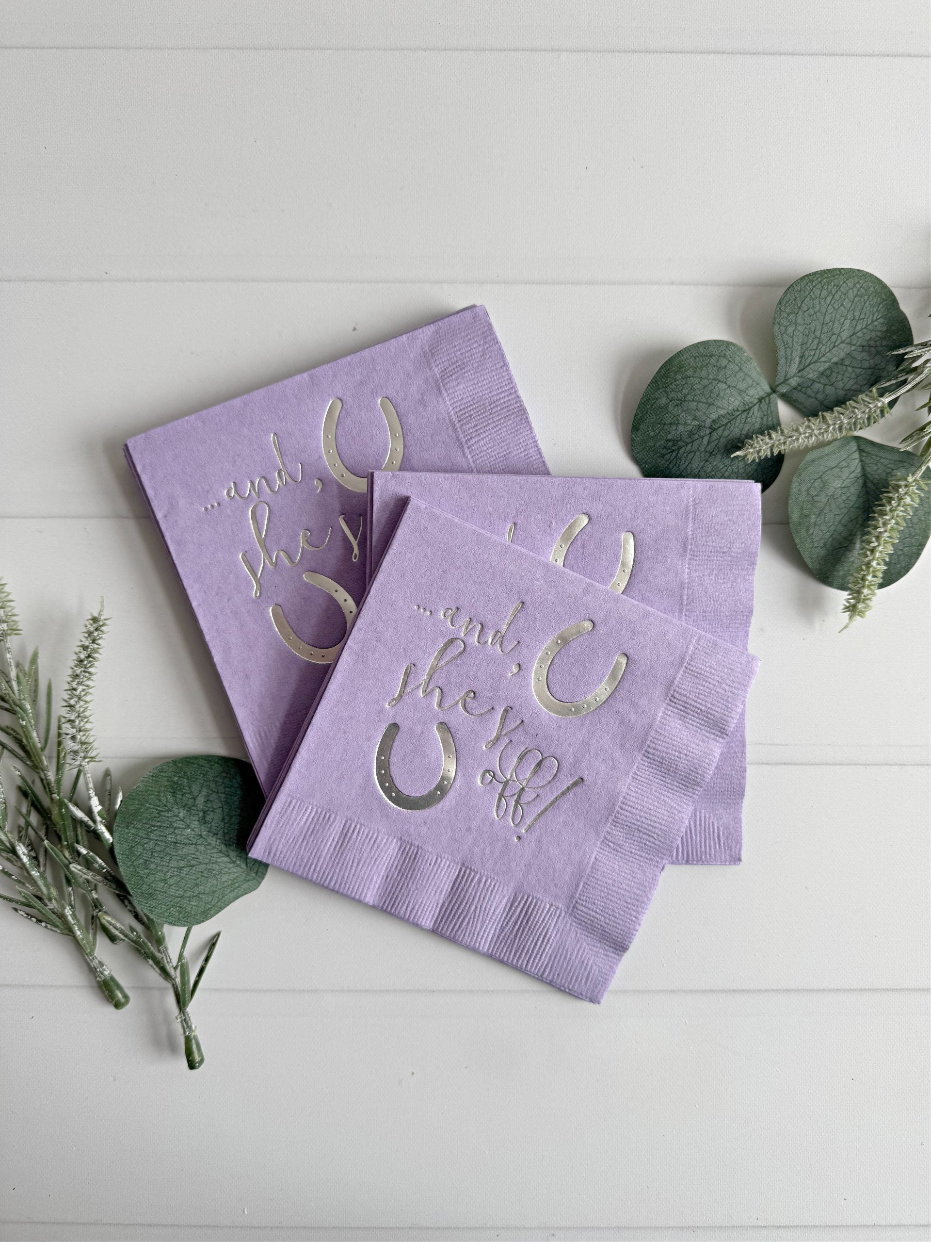 If you're throwing a Kentucky Derby party, graduation party, tea party, or bridal shower, EnFete's "And She's Off" silver foil on lavender cocktail napkins will add a touch of charm to your event.
